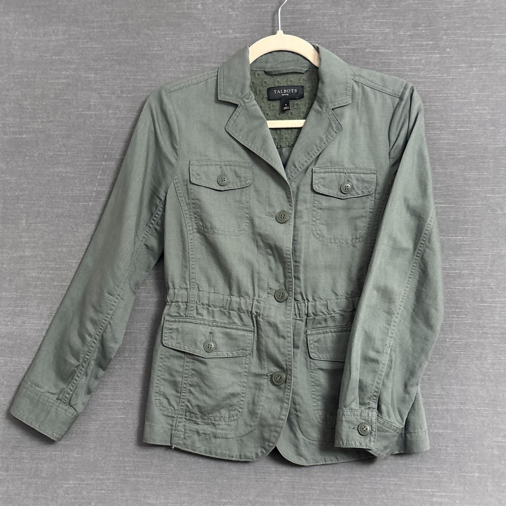 Talbots Jacket‎ XS Petite Green Cotton Linen Utility Field Chore Safari Military